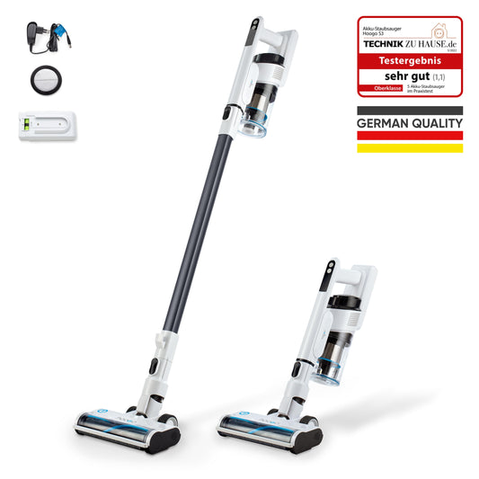hoogo Akku Staubsauger S3 2in1 | 300W | 21.000 Pa | beutellos kabellos | Laufzeit bis zu 50 Min. | Handstaubsauger | Tierhaare | LED-Beleuchtung | Qualität aus Deutschland
