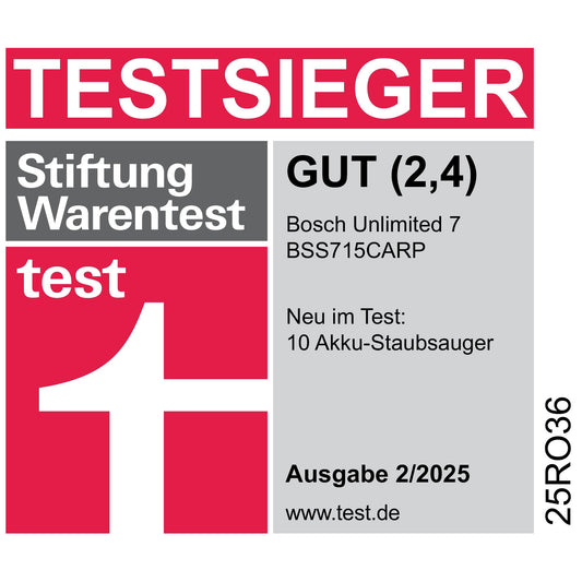 Bosch Akku-Staubsauger Unlimited 7 BSS715CARP, kabellos, Knickrohr, Hygiene-Filter, 10 Jahre Motorgarantie, 5.0 Ah Akku, Schnellladegerät, XXL-Polsterdüse, Turbostufe, Made in Germany, weiß