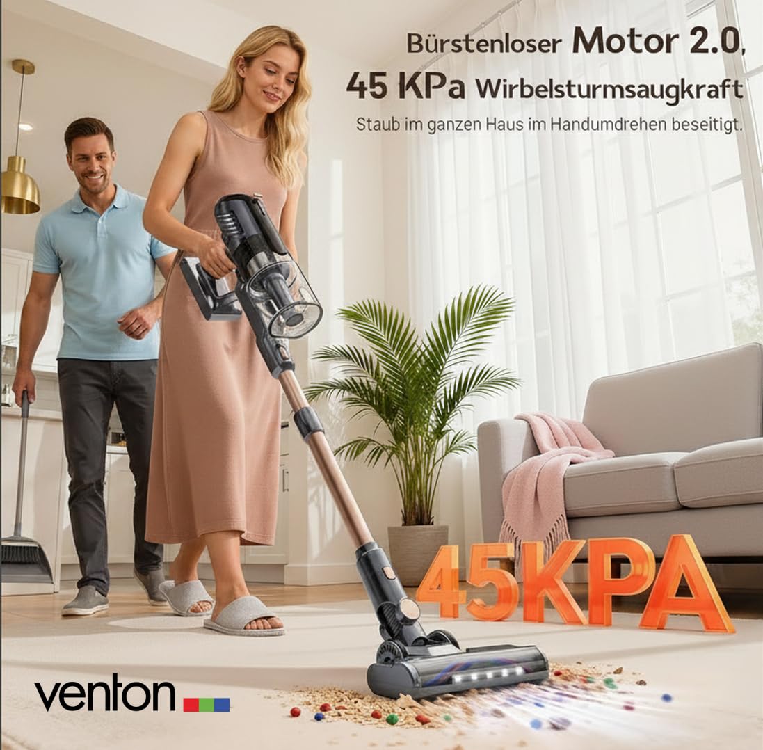 VENTON [Test SEHR GUT, Note 1.2] 2-in-1 Akku Staubsauger kabellos mit LED & Handstaubsauger beutellos, Kabelloser Akkustaubsauger stark ohne Beutel, Beutelloser Akkustaubsauger für Wohnung Auto