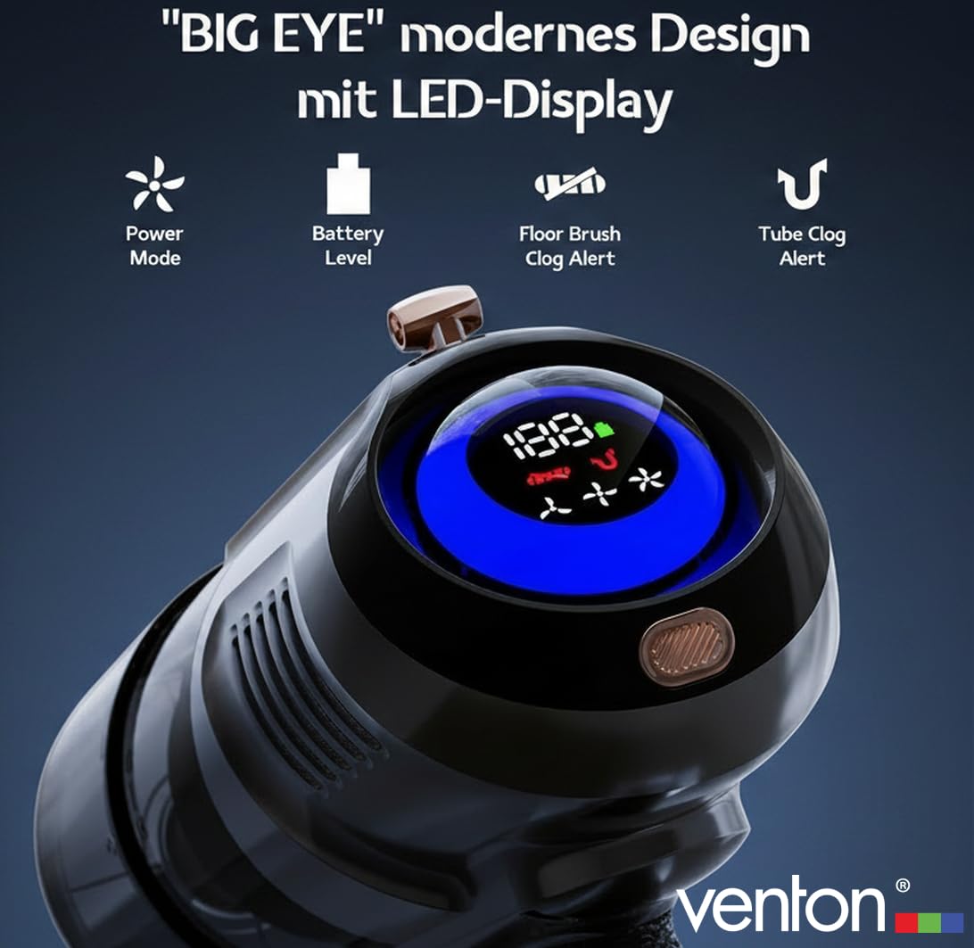 VENTON [Test SEHR GUT, Note 1.2] 2-in-1 Akku Staubsauger kabellos mit LED & Handstaubsauger beutellos, Kabelloser Akkustaubsauger stark ohne Beutel, Beutelloser Akkustaubsauger für Wohnung Auto