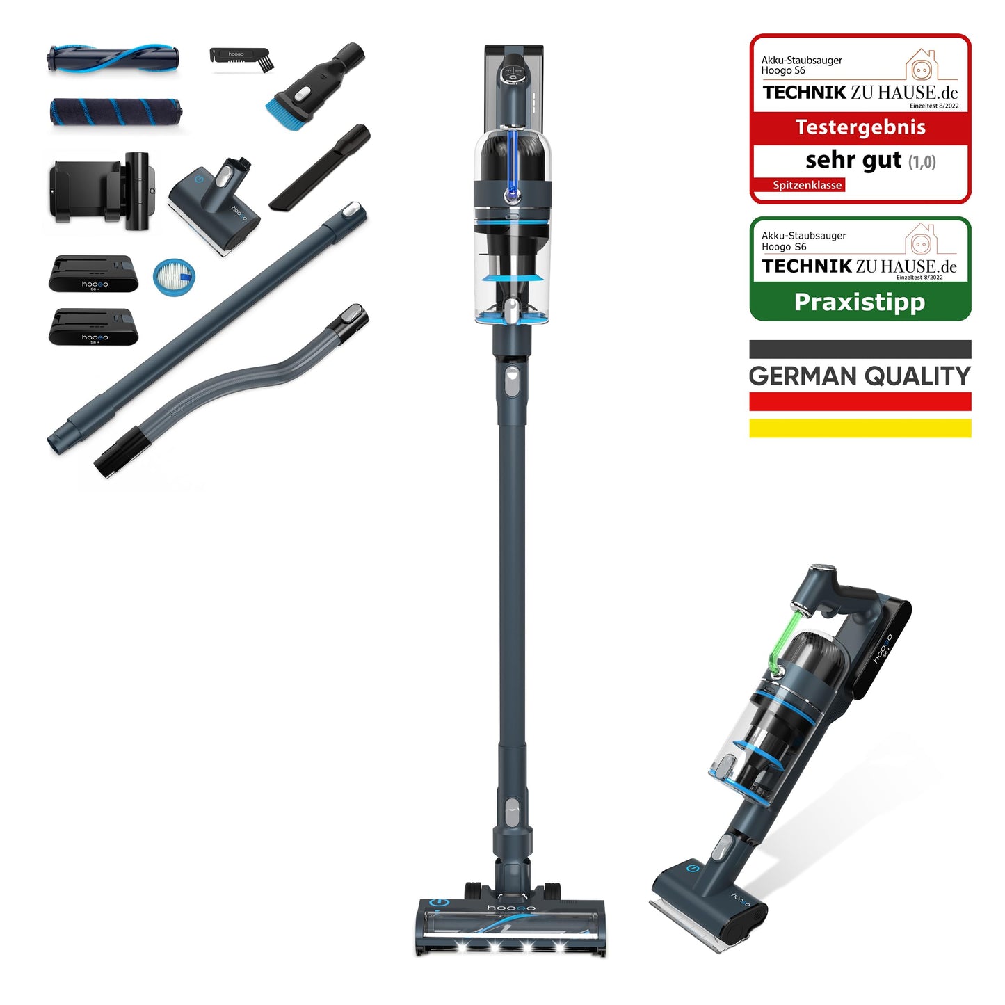 hoogo Akku-Staubsauger S6+ 2in1 | beutellos kabellos | Laufzeit bis zu 100 Min. | Handstaubsauger | inkl. 2 Wechselakkus | Tierhaare | LED-Beleuchtung | Qualität aus Deutschland
