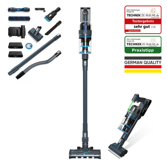 hoogo Akku-Staubsauger S6+ 2in1 | beutellos kabellos | Laufzeit bis zu 100 Min. | Handstaubsauger | inkl. 2 Wechselakkus | Tierhaare | LED-Beleuchtung | Qualität aus Deutschland