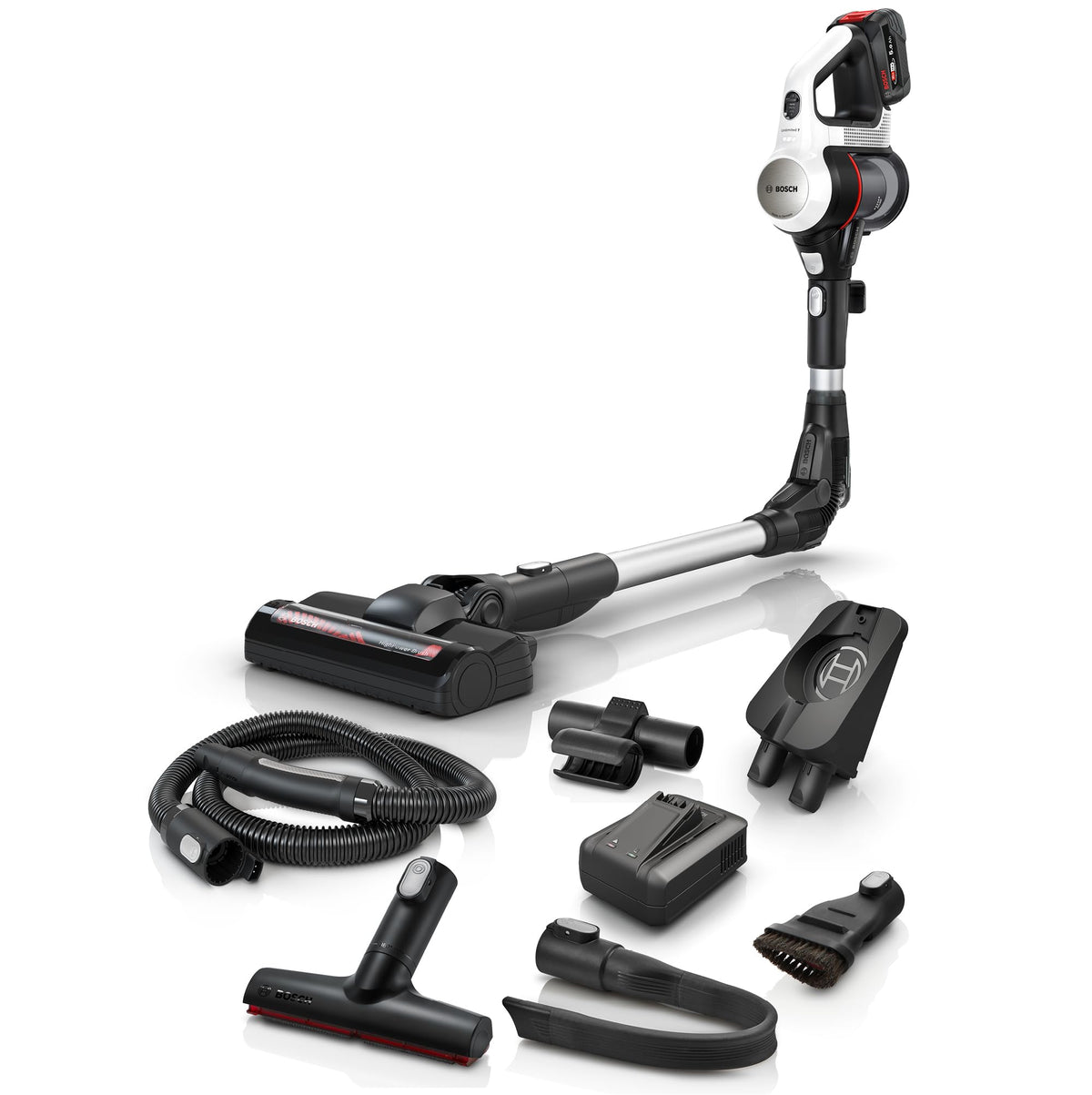 Bosch Unlimited 7 BSS715CARP Akku-Staubsauger, 5,0 Ah, Knickrohr, Turbostufe, Schnellladegerät & XXL-Polsterdüse