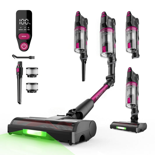 FAMIVAC Akku Staubsauger 60KPa/ 50Min/ 120㎡, Staubsauger Kabellos mit Knickgelenk-Rohr, Selbststehend, Grüne LED-Licht, Anti-Tangle-Bürste Akkustaubsauger für Hartböden/Tierhaare/Auto FV3-lilac