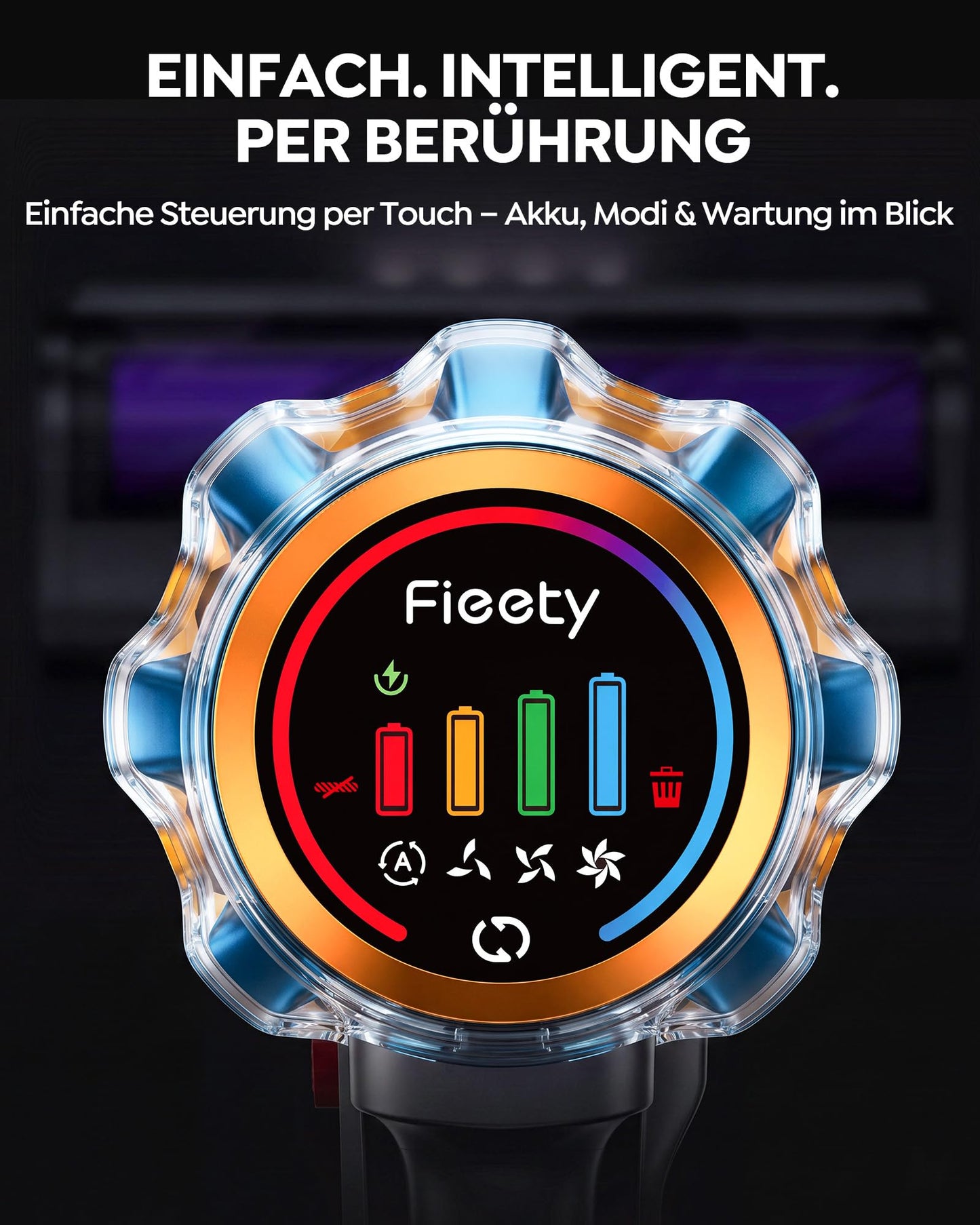 Fieety Akku Staubsauger 55KPa/650W/80Min, 1,8L Staubsauger Kabellos mit Automatikmodus, 1,5M Schlauch, Wandladestation, Duftfunktion, Ultraleise für Tierhaare/Teppiche/Hartböden/Auto