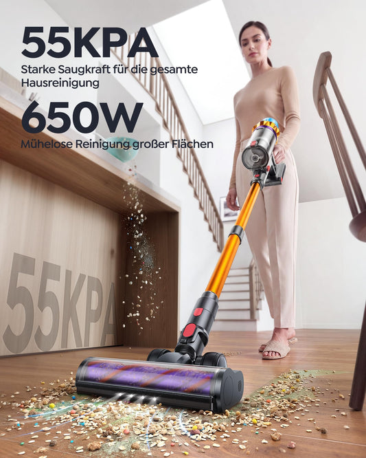 Fieety Akku Staubsauger 55KPa/650W/80Min, 1,8L Staubsauger Kabellos mit Automatikmodus, 1,5M Schlauch, Wandladestation, Duftfunktion, Ultraleise für Tierhaare/Teppiche/Hartböden/Auto