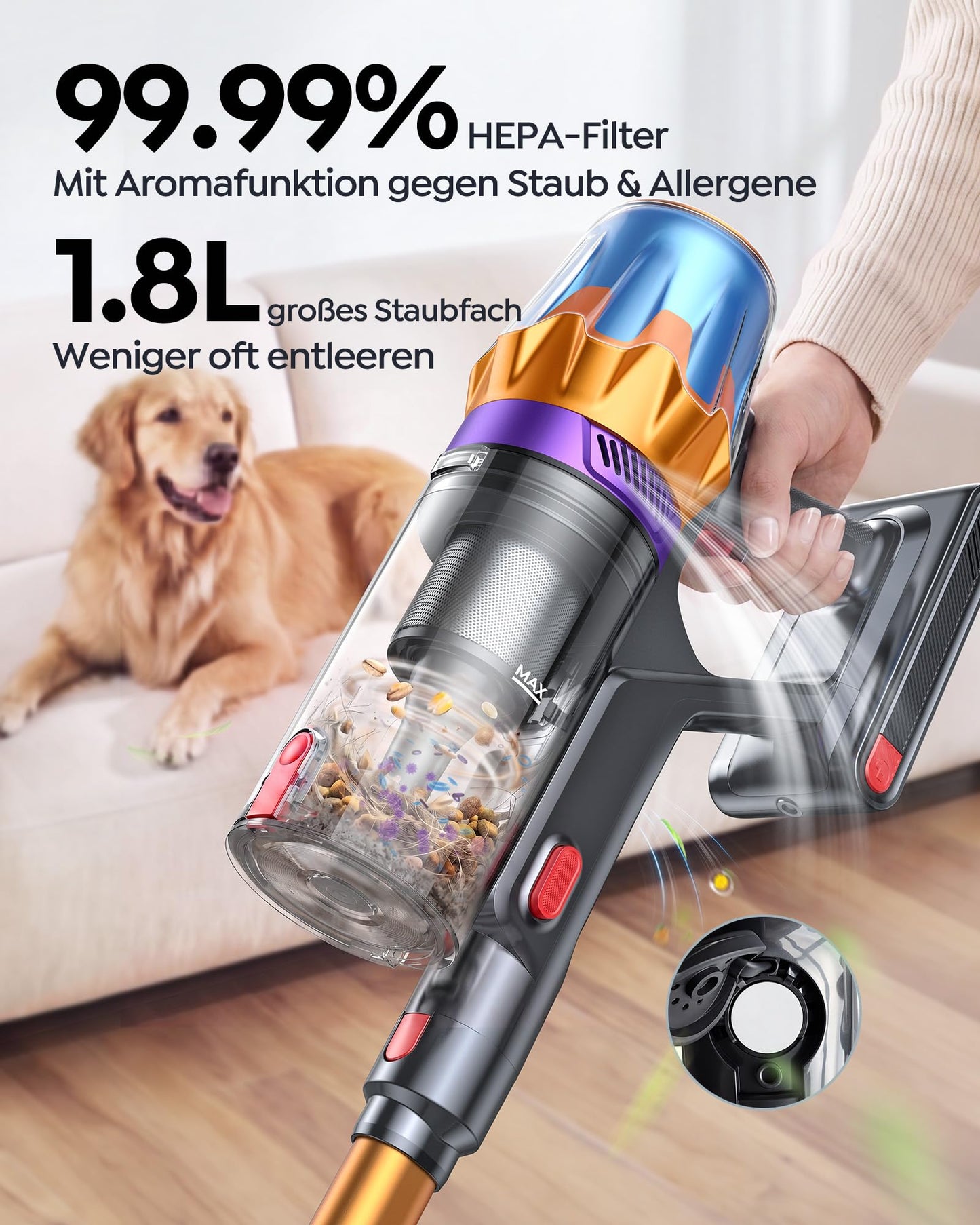 Fieety Akku Staubsauger 55KPa/650W/80Min, 1,8L Staubsauger Kabellos mit Automatikmodus, 1,5M Schlauch, Wandladestation, Duftfunktion, Ultraleise für Tierhaare/Teppiche/Hartböden/Auto