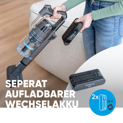 hoogo Akku-Staubsauger S6+ 2in1 | beutellos kabellos | Laufzeit bis zu 100 Min. | Handstaubsauger | inkl. 2 Wechselakkus | Tierhaare | LED-Beleuchtung | Qualität aus Deutschland