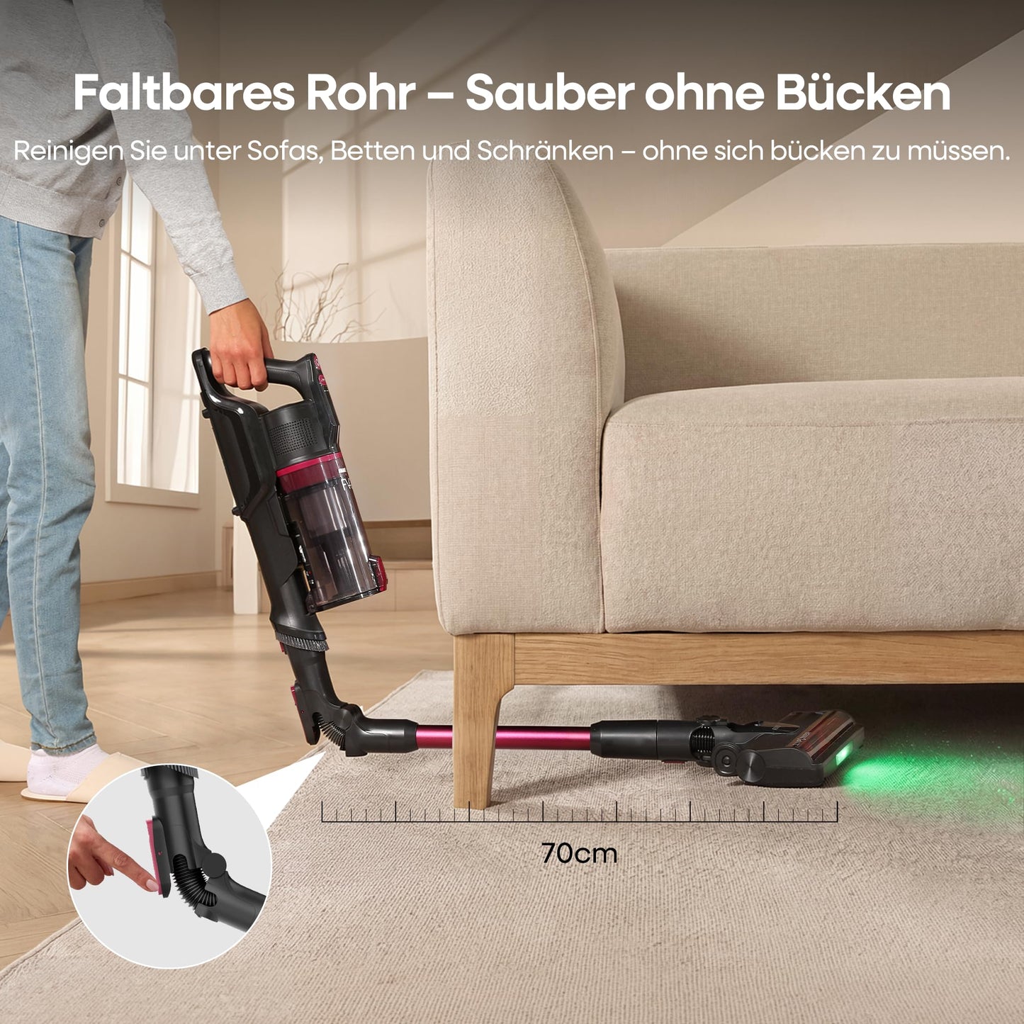 FAMIVAC Akku Staubsauger 60KPa/ 50Min/ 120㎡, Staubsauger Kabellos mit Knickgelenk-Rohr, Selbststehend, Grüne LED-Licht, Anti-Tangle-Bürste Akkustaubsauger für Hartböden/Tierhaare/Auto FV3-lilac