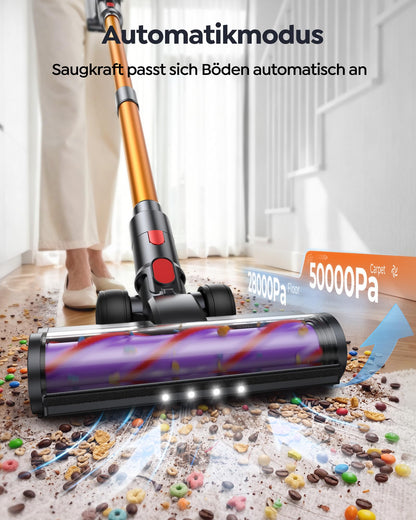 Fieety Akku Staubsauger 55KPa/650W/80Min, 1,8L Staubsauger Kabellos mit Automatikmodus, 1,5M Schlauch, Wandladestation, Duftfunktion, Ultraleise für Tierhaare/Teppiche/Hartböden/Auto