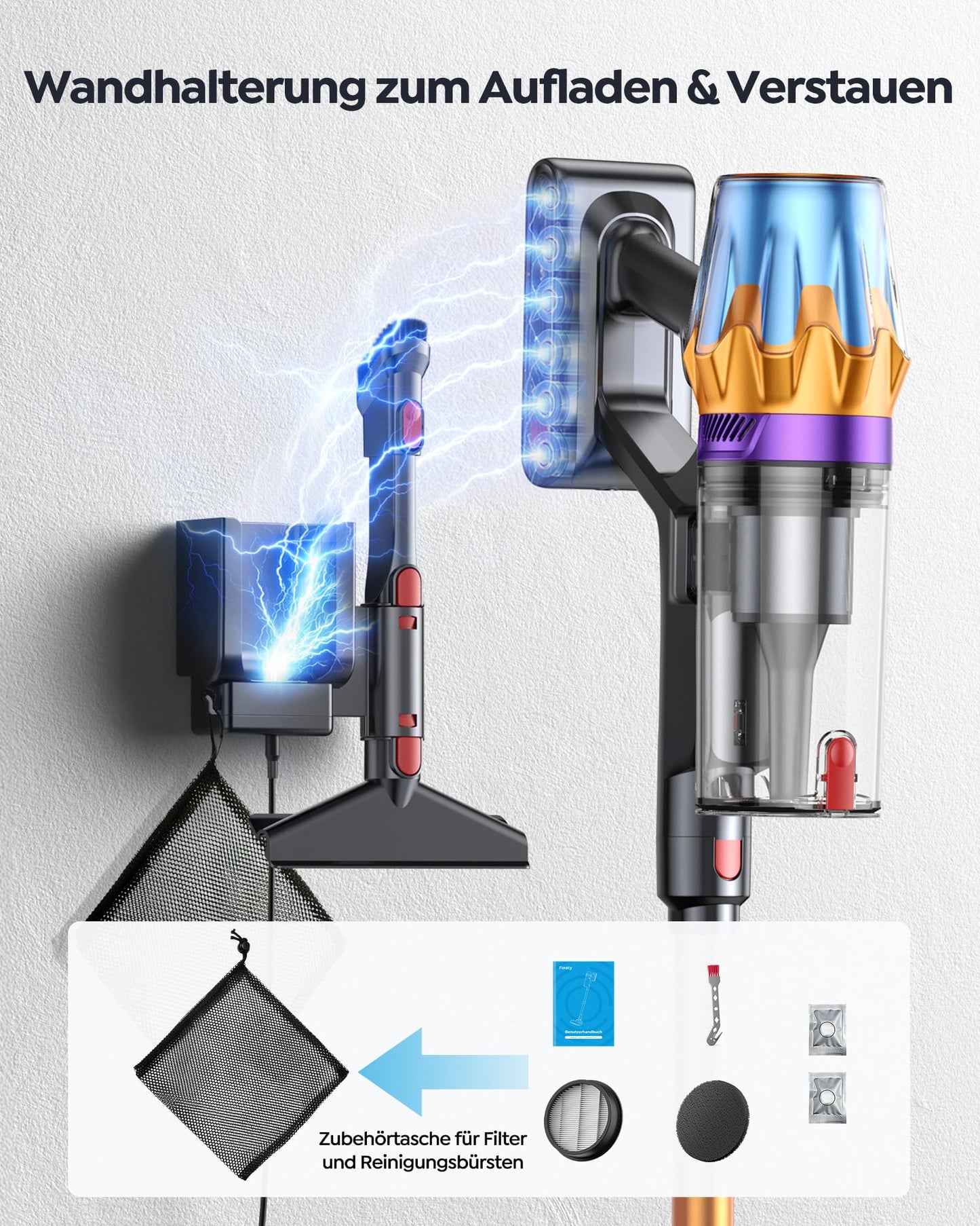 Fieety Akku Staubsauger 55KPa/650W/80Min, 1,8L Staubsauger Kabellos mit Automatikmodus, 1,5M Schlauch, Wandladestation, Duftfunktion, Ultraleise für Tierhaare/Teppiche/Hartböden/Auto