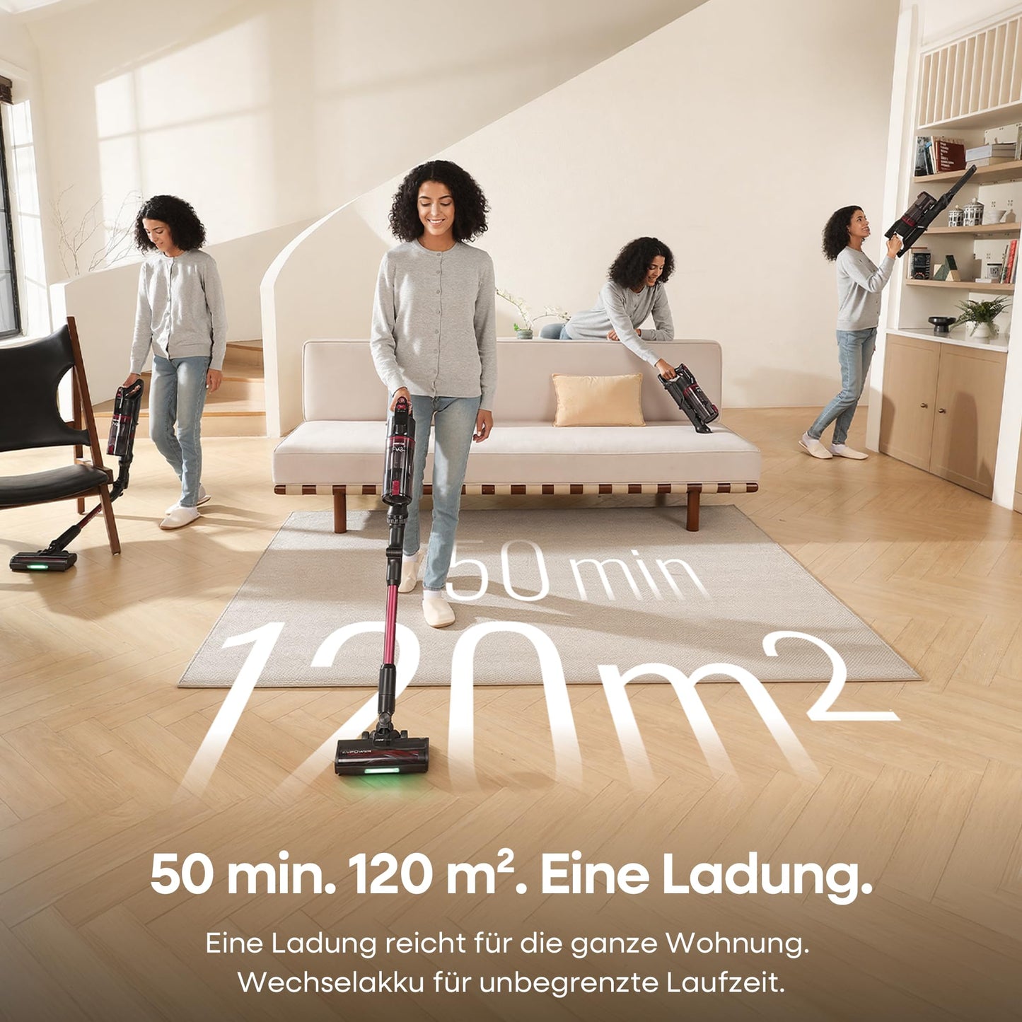 FAMIVAC Akku Staubsauger 60KPa/ 50Min/ 120㎡, Staubsauger Kabellos mit Knickgelenk-Rohr, Selbststehend, Grüne LED-Licht, Anti-Tangle-Bürste Akkustaubsauger für Hartböden/Tierhaare/Auto FV3-lilac