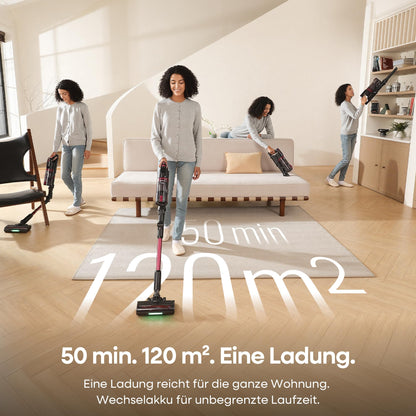 FAMIVAC Akku Staubsauger 60KPa/ 50Min/ 120㎡, Staubsauger Kabellos mit Knickgelenk-Rohr, Selbststehend, Grüne LED-Licht, Anti-Tangle-Bürste Akkustaubsauger für Hartböden/Tierhaare/Auto FV3-lilac