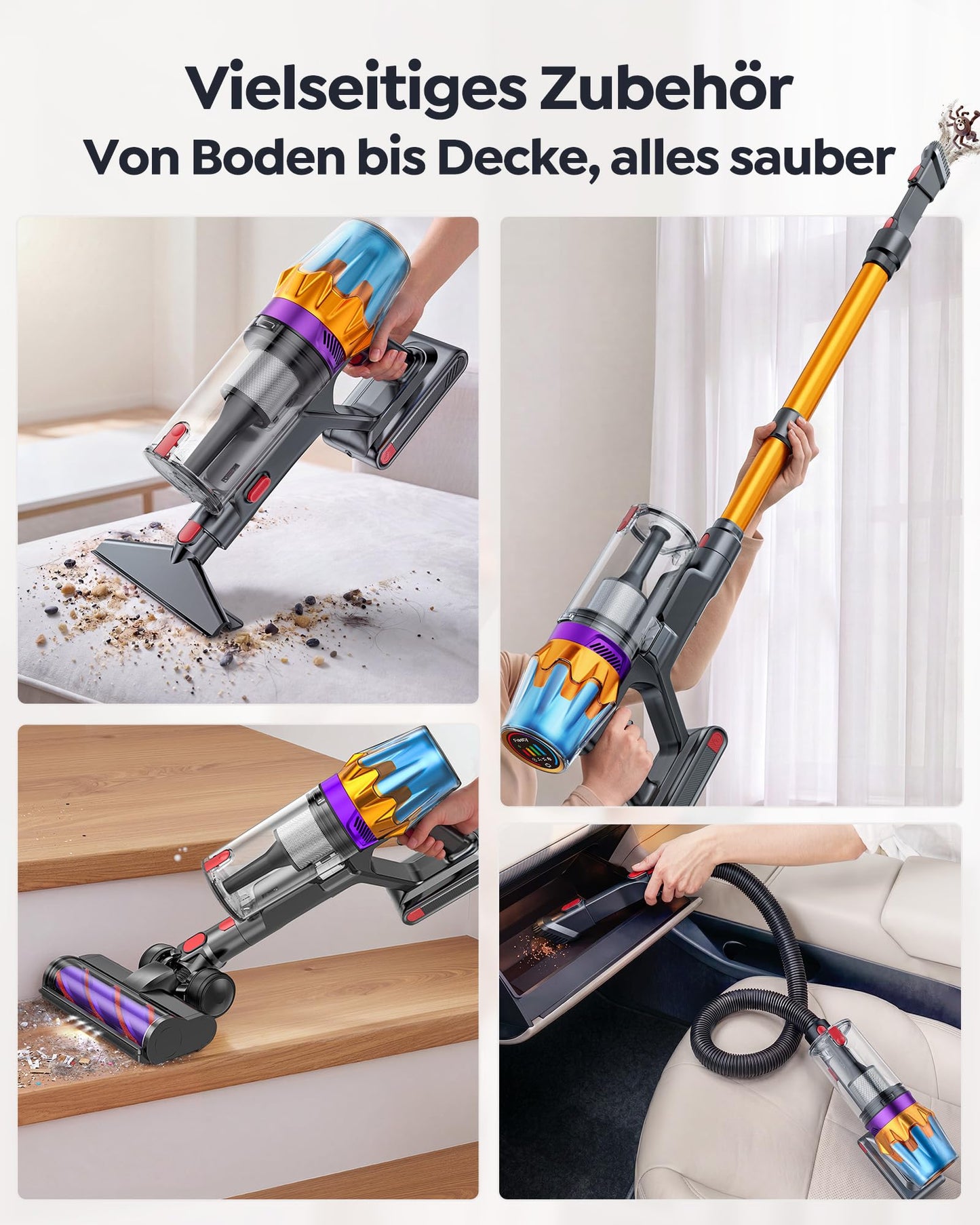 Fieety Akku Staubsauger 55KPa/650W/80Min, 1,8L Staubsauger Kabellos mit Automatikmodus, 1,5M Schlauch, Wandladestation, Duftfunktion, Ultraleise für Tierhaare/Teppiche/Hartböden/Auto